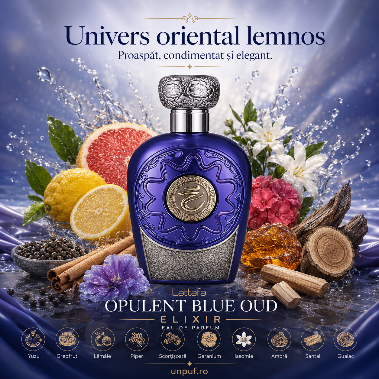 Blue Oud Elixir Lattafa parfum bărbat elegant oriental lemnos